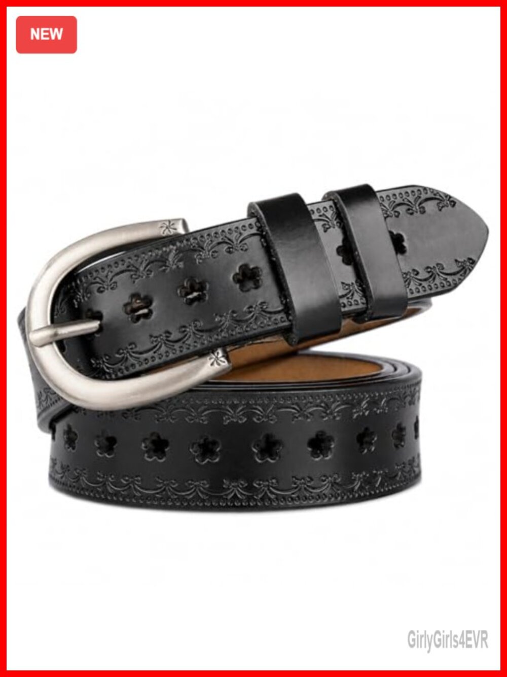 Vintage Floral Engraved Leather Waist Belt with Metal Buckle